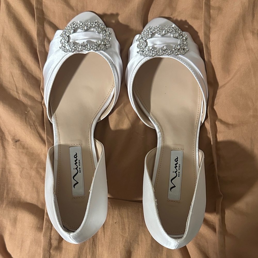Nina White Satin Heels with Crystal Detail